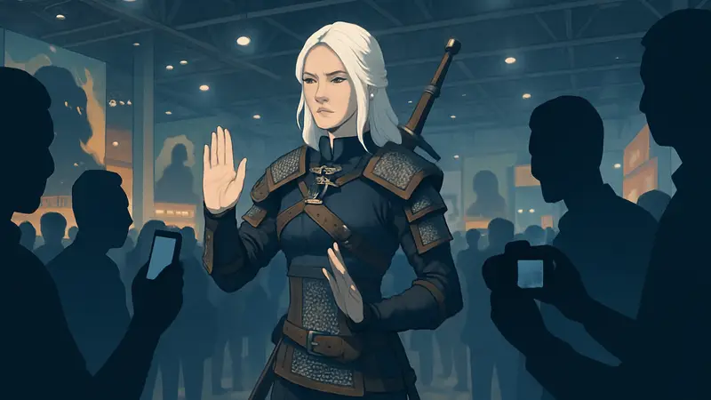 Косплеер позирует на игровом конвенте, вокруг него толпа людей. Фотографии делаются с уважением к личным границам.