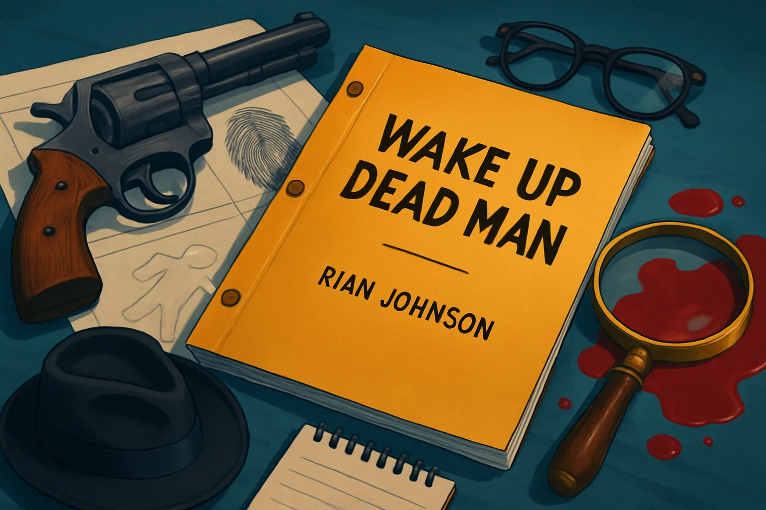 Обложка сценария фильма "Wake Up Dead Man" с названием и именем Райана Джонсона, на фоне детективных элементов.