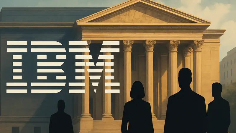 Логотип IBM на фоне здания суда, символизирующий урегулирование иска Министерства юстиции