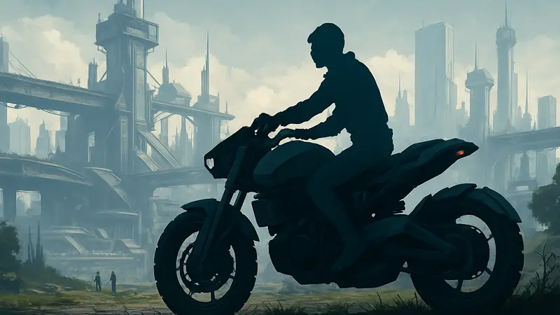 Концепт арт мотоцикла на фоне футуристического города из игры Arc Raiders