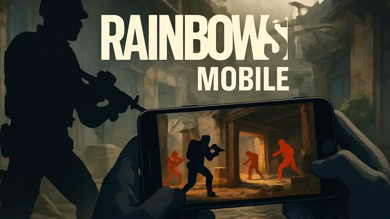 Логотип игры Rainbow Six Mobile и кадры из геймплея на мобильном устройстве.