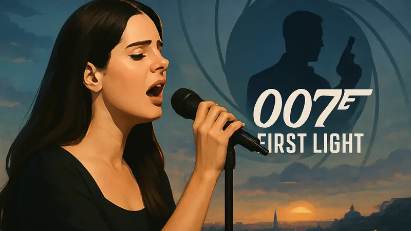 Lana Del Rey поёт, на заднем плане смутный силуэт персонажа Джеймса Бонда и логотип 007 First Light.