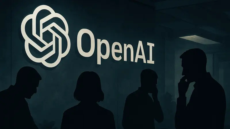 Логотип OpenAI с затемнённым фоном, символизирующий тревожную атмосферу в компании