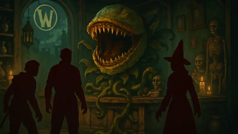 Награды Торговой лавки World of Warcraft на апрель 2026 года в стиле фильма "Магазинчик ужасов".