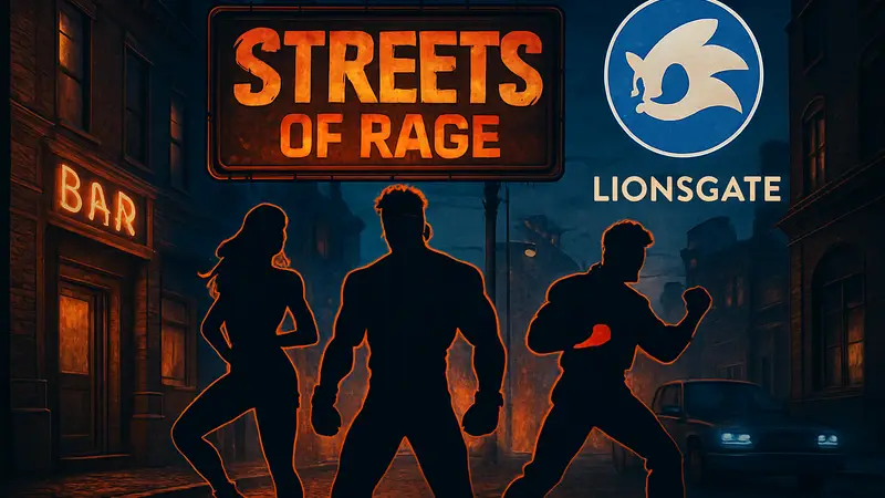 Постер или арт по фильму Streets of Rage с логотипами Sonic и Lionsgate, символизирующий адаптацию игры.