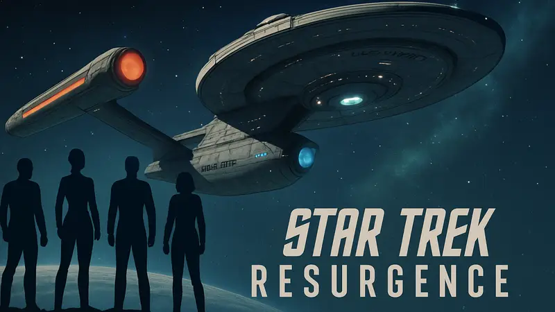 Обложка или скриншот Star Trek: Resurgence с изображением персонажей и космического корабля U.S.S. Resolute.