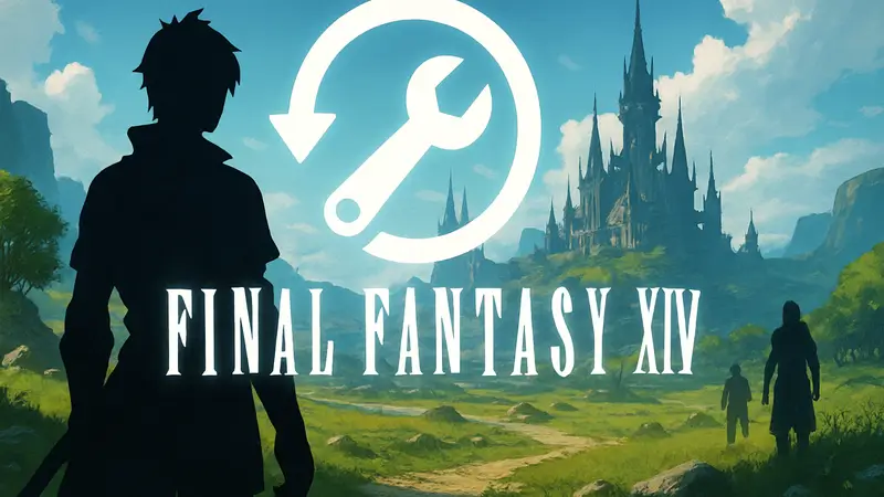 Логотип Final Fantasy 14 на фоне игрового мира, символизирующий обновление и исправление ошибок.