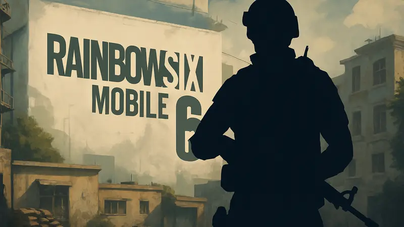Оперативник Rainbow Six Mobile на фоне логотипа игры, без Солида Снейка.