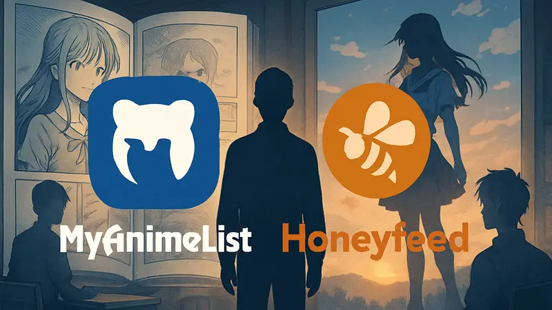 Логотипы MyAnimeList и Honeyfeed на фоне стилизованных изображений веб-новелл и аниме.