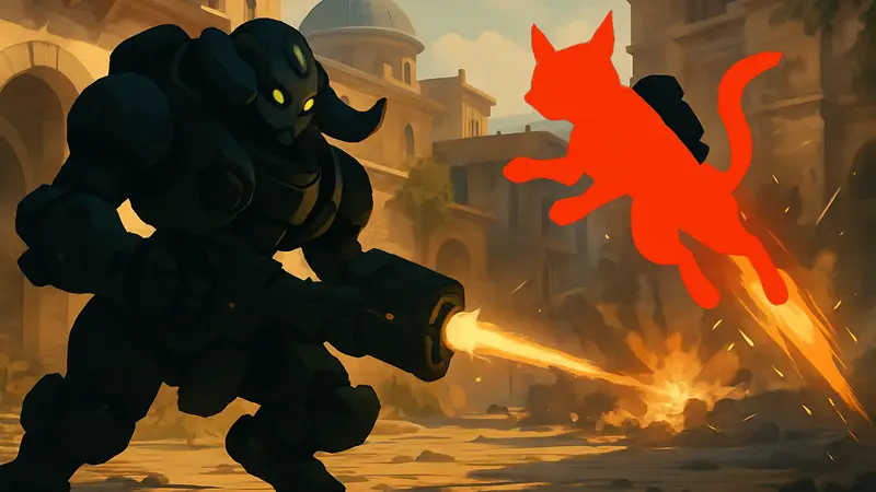 Изображение героев Overwatch Orisa и Кот-реактивщик, демонстрирующих эффективную связку в бою.