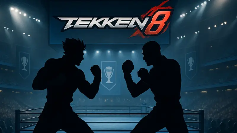 Логотип Tekken 8 на фоне арены Esports World Cup с бойцами на ринге, символизирующими киберспорт.