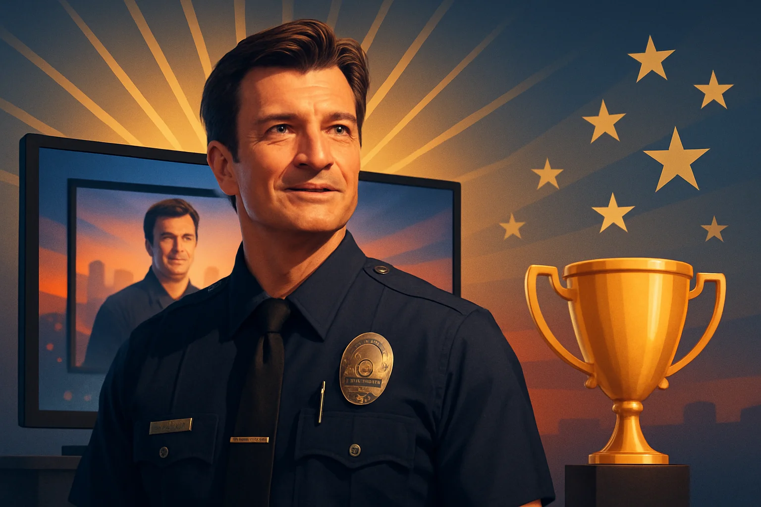 Кадр из сериала «Новичок» с Натаном Филлионом, символизирующий успех телевизионного шоу и кино.