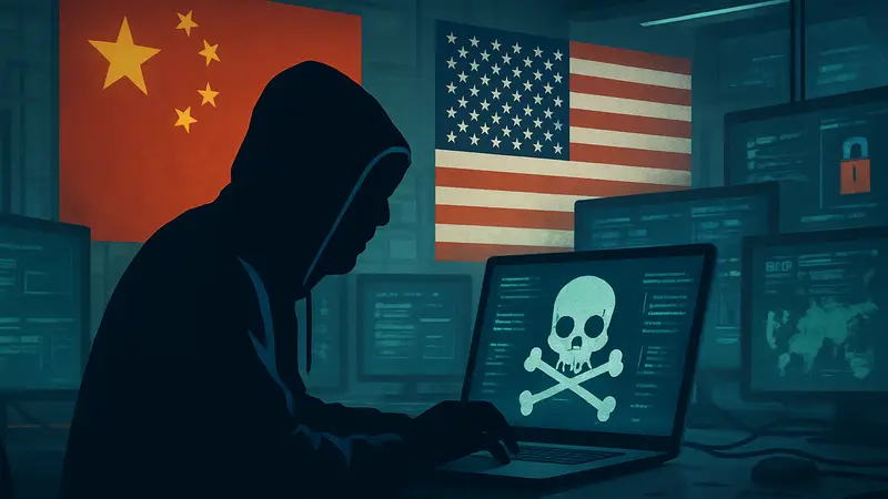 Иллюстрация кибератаки, хакер за компьютером с китайскими и американскими флагами на фоне, символизирует экстрадицию и шпионаж