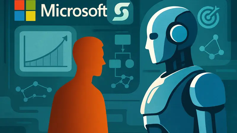 Логотип Microsoft SkillOpt, иллюстрация с ИИ-агентом и схемами оптимизации