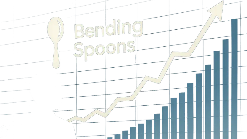 Логотип Bending Spoons на фоне графика роста акций, символизирующий IPO