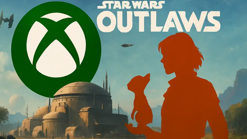 Обложка игры Star Wars Outlaws с героиней Кей Весс и ее компаньоном Никсом на фоне логотипа Xbox Game Pass.