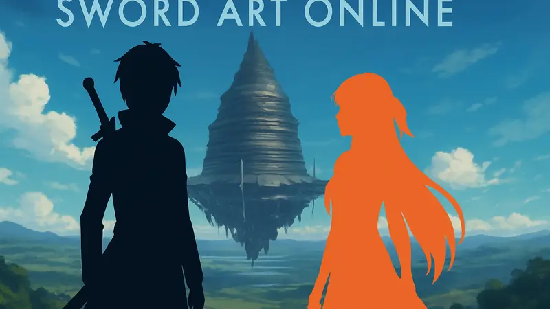 Логотип Sword Art Online и иллюстрация персонажей Кирито и Асуны.