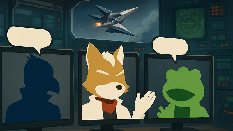 Персонажи Star Fox (Фокс, Фалько, Слиппи) в стиле VTuber-аватаров, говорящие необычные фразы