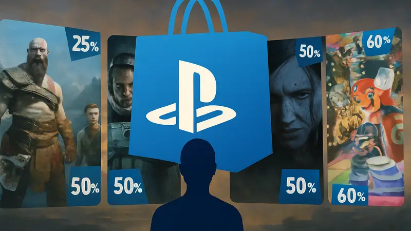 Логотип PlayStation Store, игровые обложки со значками скидок