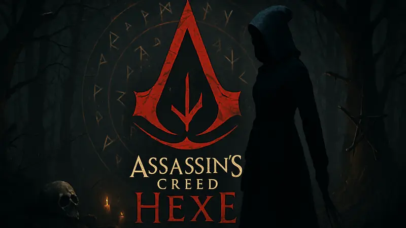 Логотип или арт Assassin's Creed Hexe с элементами ведьмовства и древних рун, выполненный в тёмных тонах.