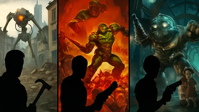 Скриншоты из культовых FPS-игр, таких как Half-Life 2, DOOM Eternal и BioShock, с яркими моментами геймплея