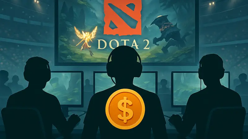 Игроки Dota 2 на киберспортивном турнире, символизирующие высокие зарплаты и проблемы индустрии