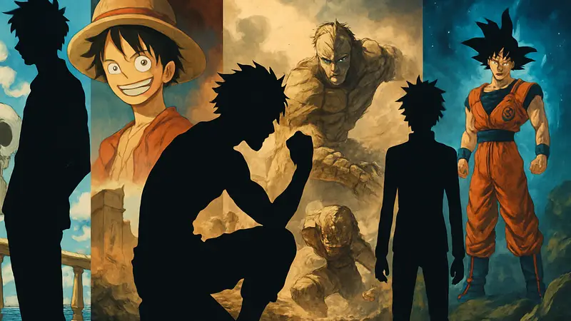 Коллаж из ключевых моментов или постеров популярных сёнэн аниме, символизирующих лучшие арки.