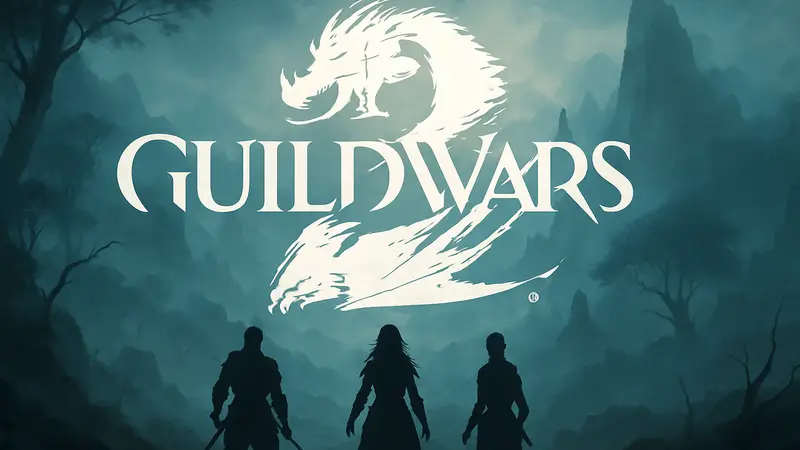 Логотип Guild Wars 3 на фоне загадочного тумана или фэнтезийного мира.