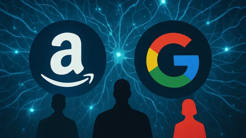 Логотипы Amazon и Google на фоне футуристических нейронных сетей, символизирующие крупные ИИ-инвестиции.