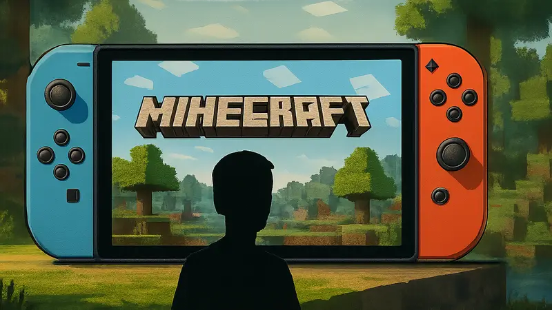 Логотип Minecraft на фоне консоли Nintendo Switch 2