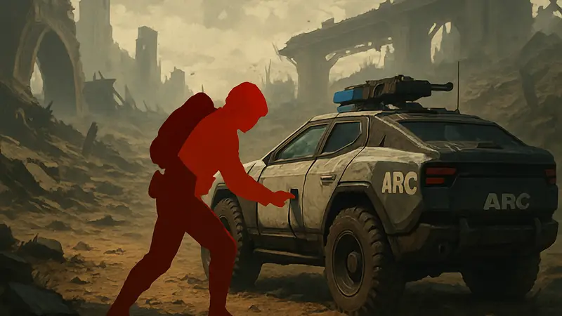 Игрок Arc Raiders открывает патрульную машину ключом, на фоне разрушенного ландшафта.