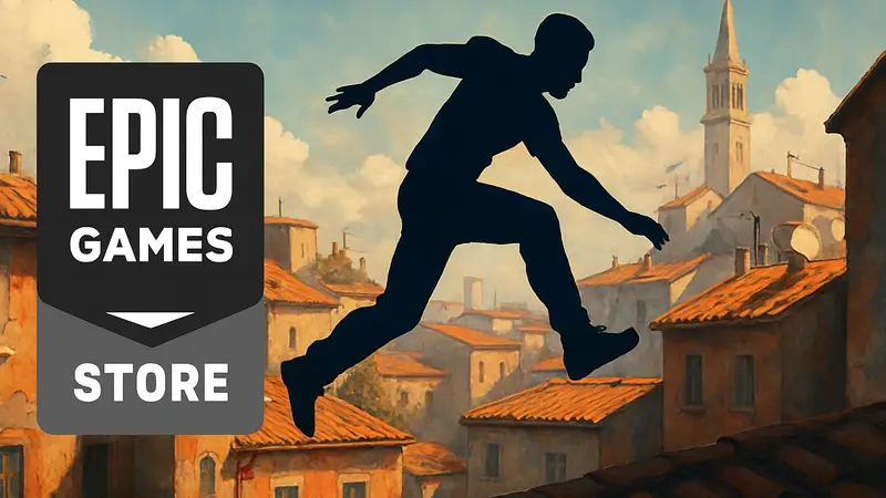 Логотип Epic Games Store с изображением геймплея паркур-игры.