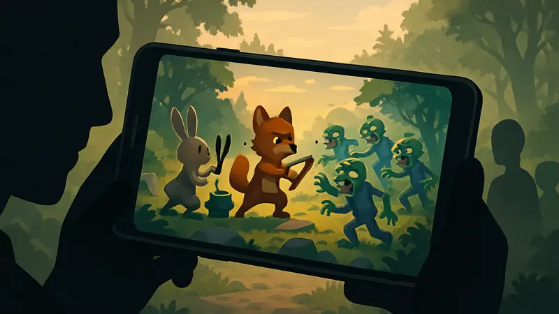 Животные-герои сражаются с зомби в мобильной игре Wizzy Animals на экране смартфона
