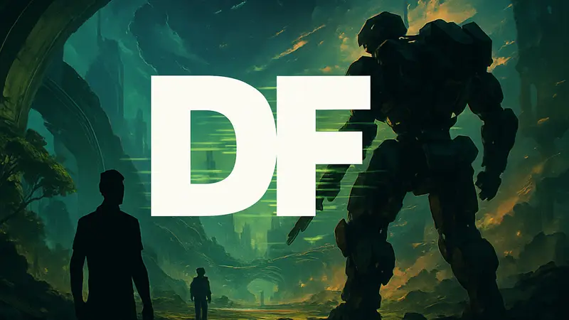 Логотип Digital Foundry на фоне футуристической игровой графики с эффектами генерации кадров NVIDIA