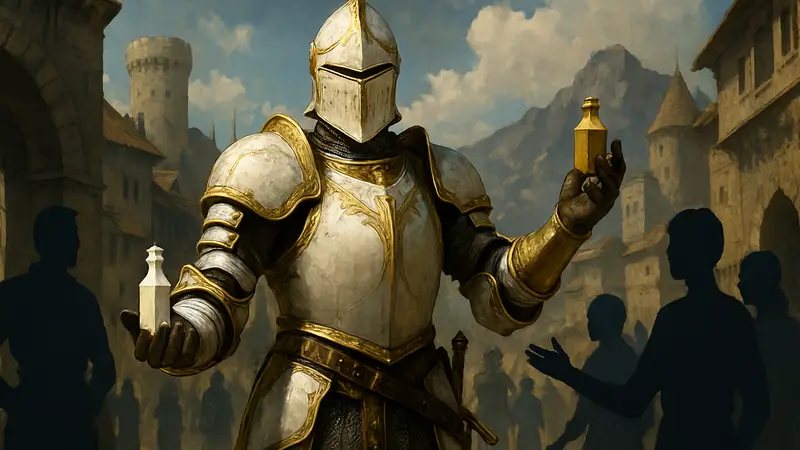 Персонаж из Crimson Desert в белых и золотых доспехах, демонстрирующий красители.