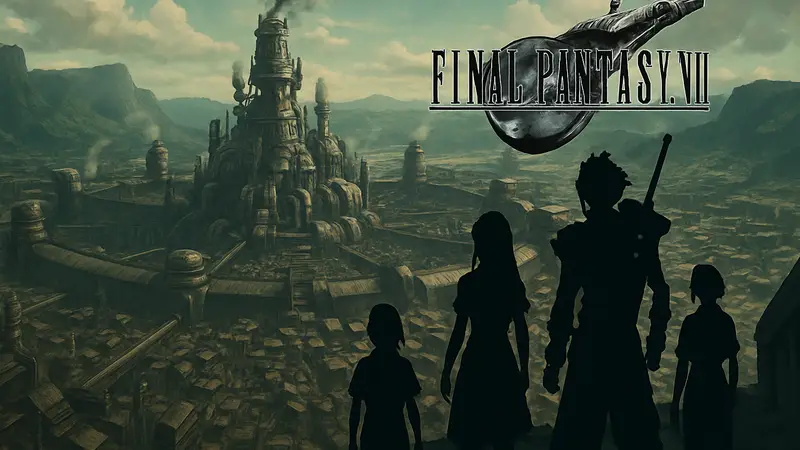 Панорама города Мидгар из Final Fantasy 7 с узнаваемыми элементами, логотип игры.