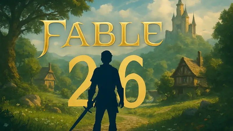 Логотип Fable на фоне сказочного пейзажа, иллюстрация подтверждения даты релиза в 2026 году.