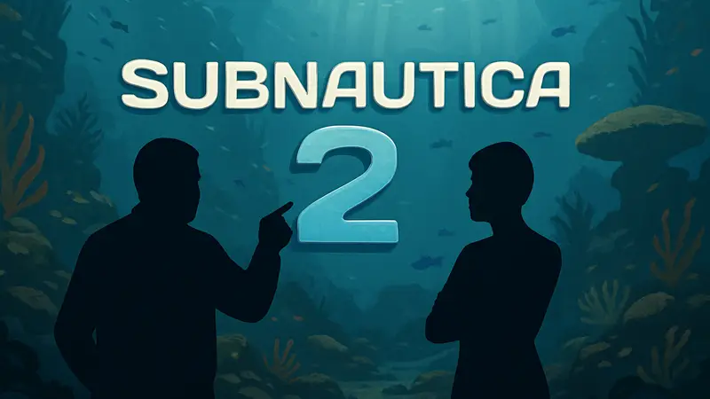 Логотип Subnautica 2 на фоне подводного мира, символизирующий конфликт вокруг даты релиза.