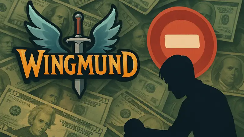 Логотип игры Wingmund на фоне денежных купюр и знака штрафа, символизирующего проблемы инди-разработчиков.