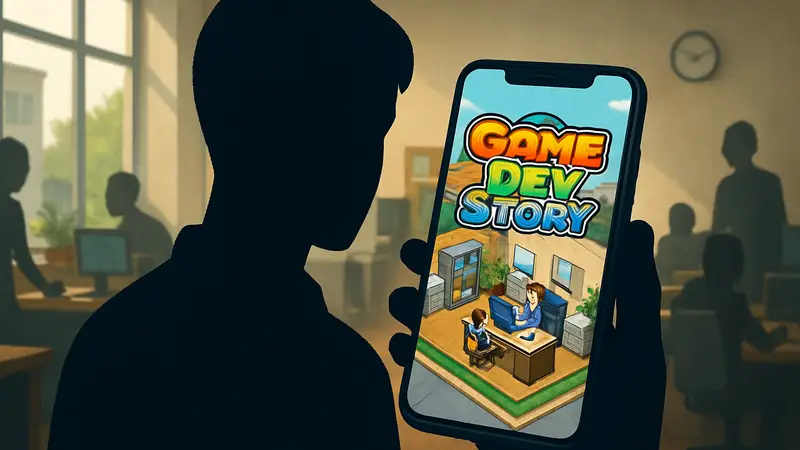 Скриншот из игры Game Dev Story на экране мобильного телефона.