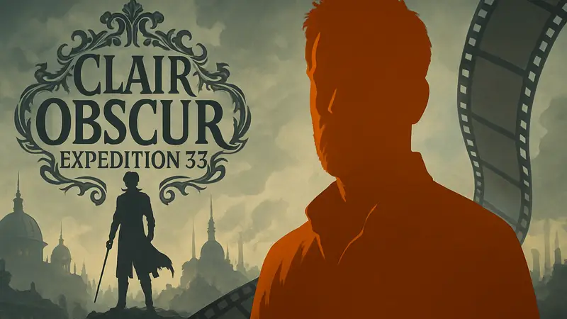 Портрет актёра Рича Кибла на фоне стилизованного логотипа игры Clair Obscur Expedition 33 и киноленты