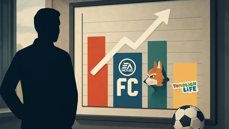 График UK Charts, Star Fox, EA SPORTS FC 26 и Tomodachi Life, футбольный мяч.