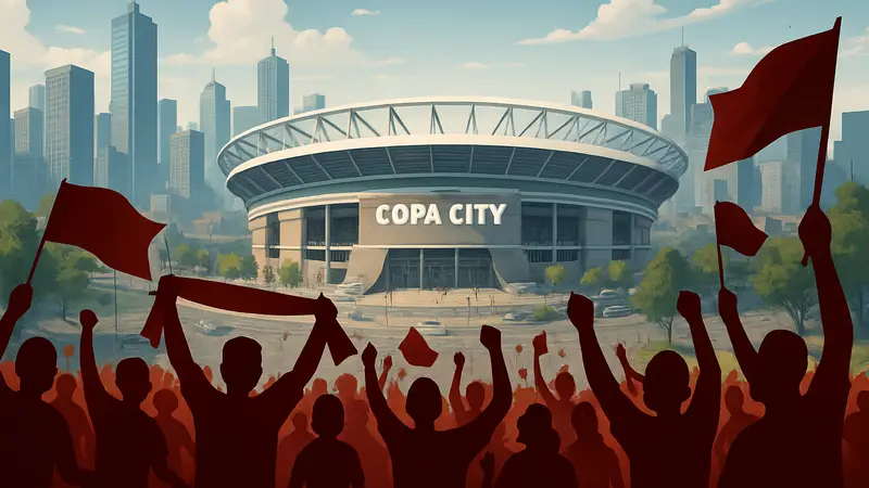 Обложка игры Copa City с изображением стадиона и активных футбольных фанатов в городском пейзаже.