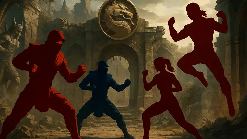 Постер или кадр из фильма «Мортал Комбат 2», показывающий главных героев в боевых позах.