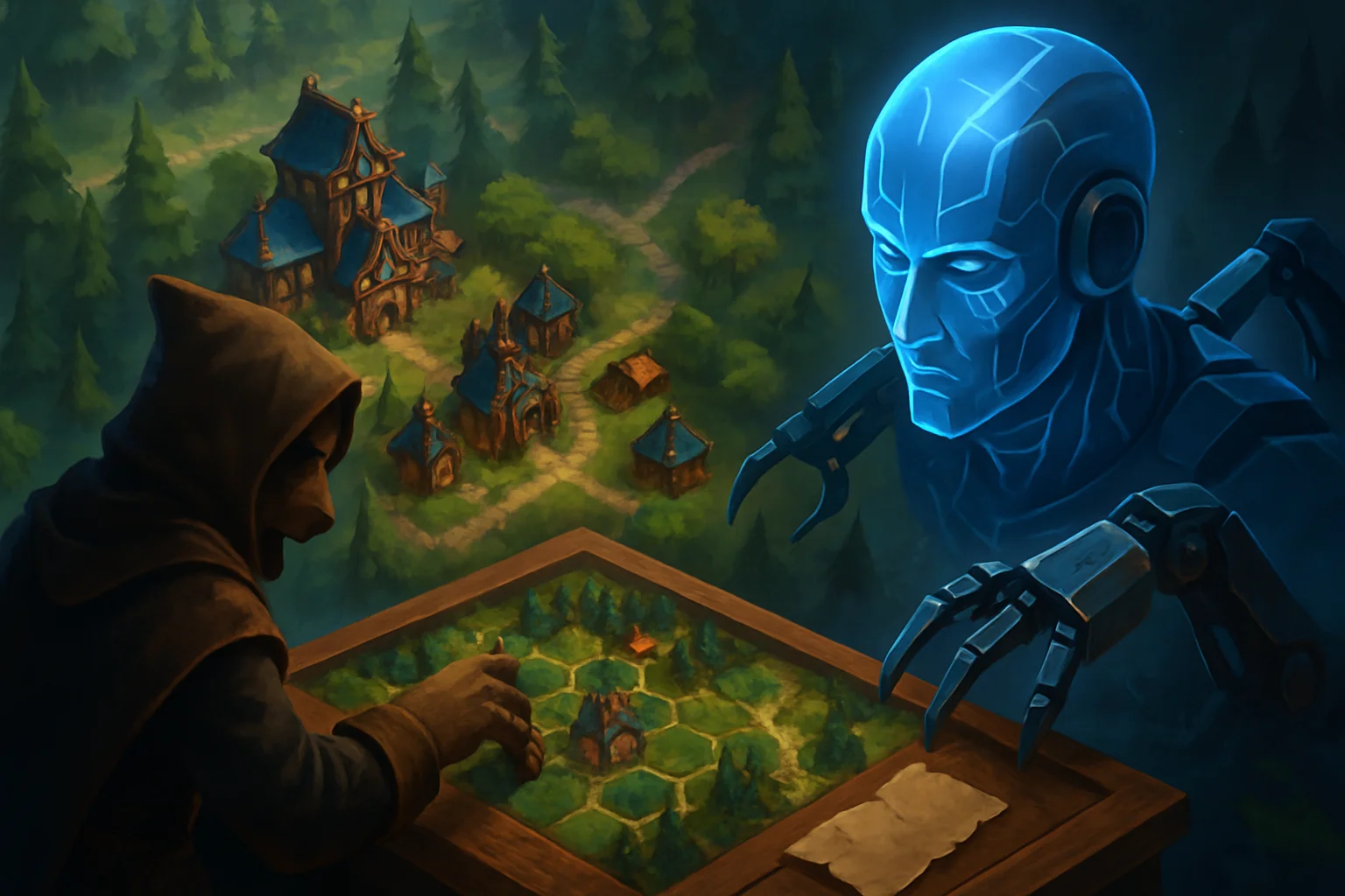 Скриншот из игры Against the Storm, демонстрирующий стратегический геймплей и борьбу с ИИ-технологиями.