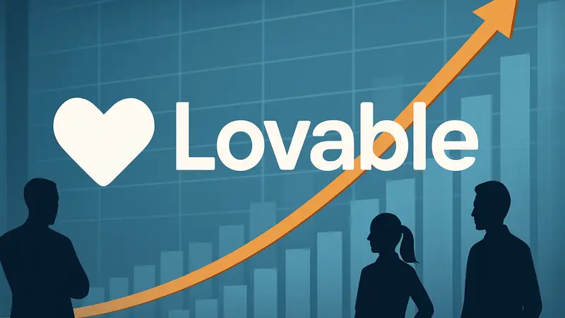 Логотип Lovable на фоне графиков роста дохода, символизирующих успех технологического стартапа