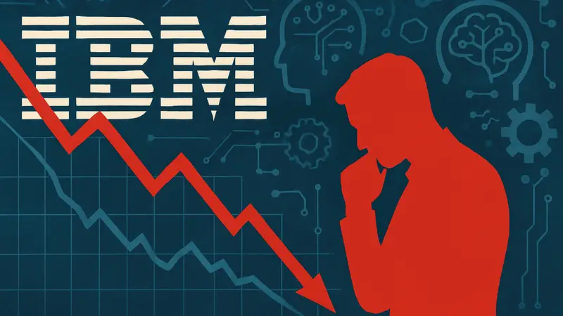 График падения акций IBM на фоне логотипа компании и символов искусственного интеллекта.