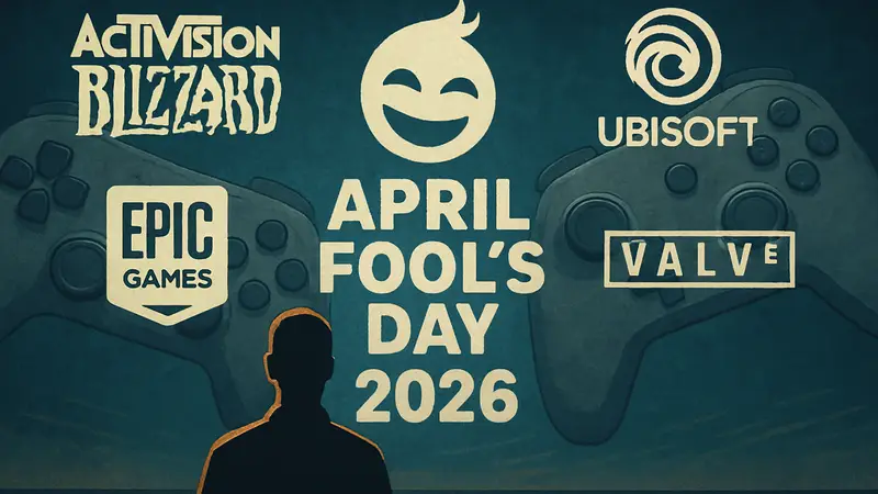 Логотипы игровых компаний и надпись "April Fool's Day 2026" на фоне геймпадов