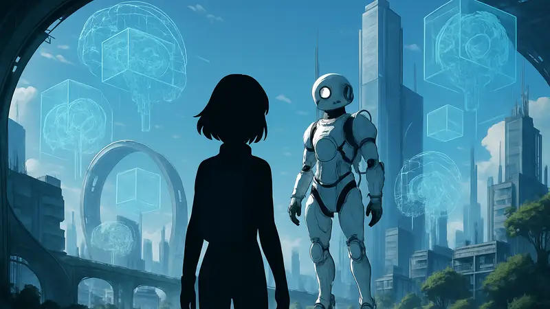 Персонаж научно-фантастического аниме на фоне футуристического пейзажа с элементами ИИ
