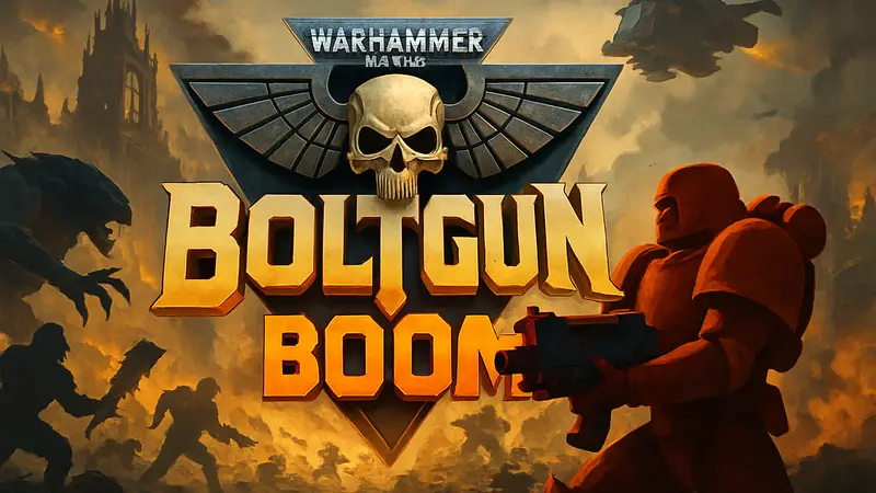Логотип игры Warhammer 40,000: Boltgun Boom на фоне боевых действий.